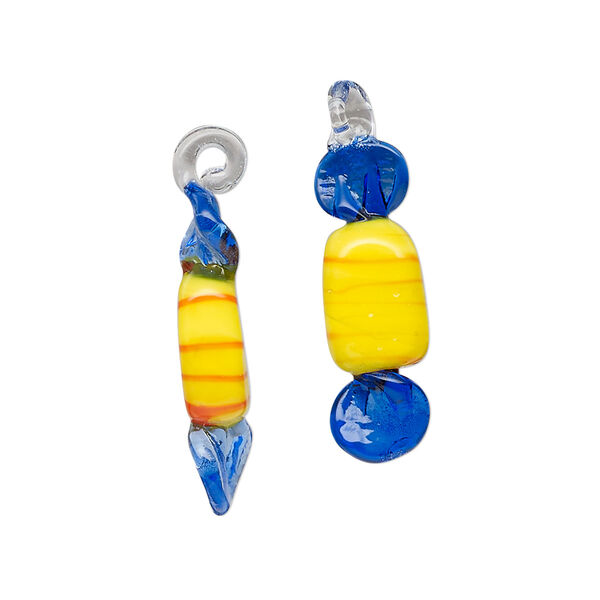Drop, lampworked glass, translucent blue / yellow / red, 21x6mm-25x7mm candy. Sold per pkg of 2. image number 0