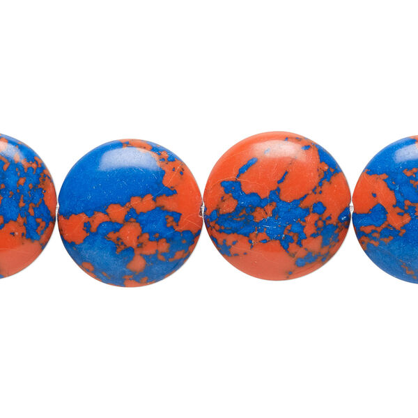 Bead, resin, dark blue and orange, 16mm flat round. Sold per 15" to 16" strand. image number 0