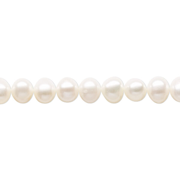 Pearl, cultured freshwater (bleached), white, 5-6mm semi-round, D grade, Mohs hardness 2-1/2 to 4. Sold per 15-inch strand. image number 0