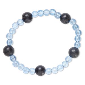 Bracelet, stretch, blackstone (dyed) and acrylic, blue, 5mm and 9-10mm round, 6 inches. Sold individually.