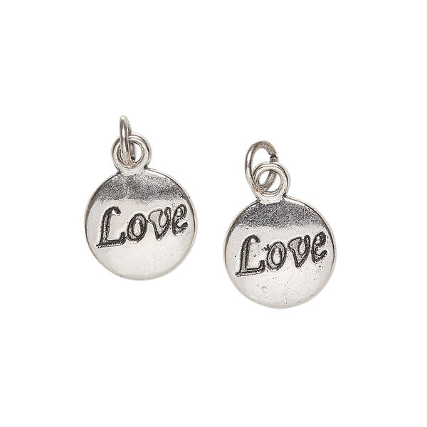 Drop, "pewter" (zinc-based alloy) and steel, pkg/2, 12mm round with "Love," antique silver finish. image number 0