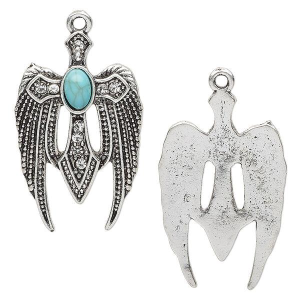 Drop, "turquoise" (resin) (imitation) and antique silver-finished "pewter" (zinc-based alloy), turquoise blue and clear, 29.5x19mm single-sided wings with cross. Sold individually. image number 0