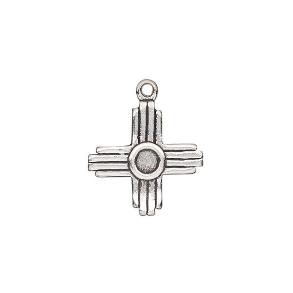 Drop, antiqued sterling silver, 17mm single-sided Zia symbol. Sold individually. image number 0