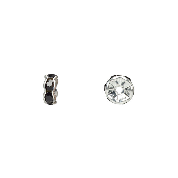 Bead 1pkg10 silver-plated, 7x3mm rondelle, brass / black rhinestone image number 0