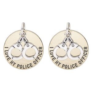 Drop, antique silver- and brass-finished "pewter" (zinc alloy), 26mm round with handcuffs and "I Love My Police Officer." Sold per pkg of 2.