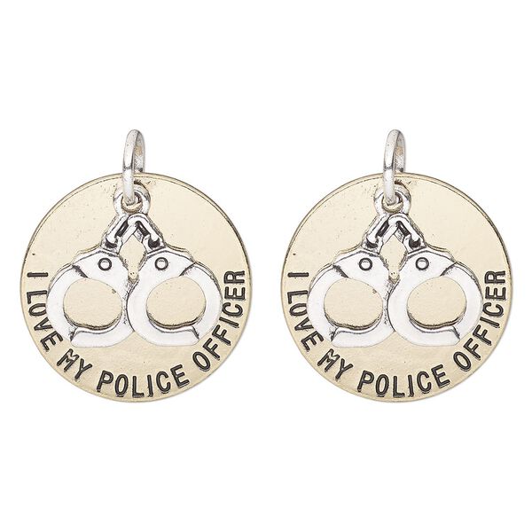 Drop, antique silver- and brass-finished "pewter" (zinc alloy), 26mm round with handcuffs and "I Love My Police Officer." Sold per pkg of 2. image number 0