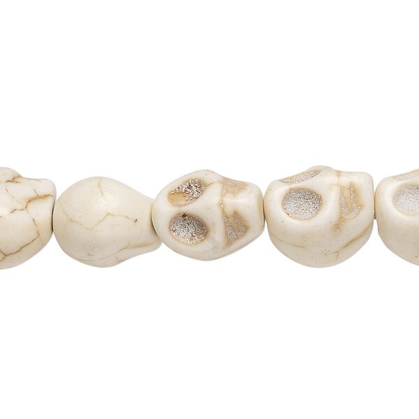 Bead, "howlite" (resin) (imitation), white, 12x10mm skull. Sold per 15-inch strand. image number 0