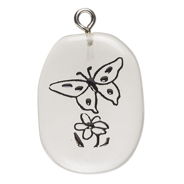 Focal 1pkg1 glass / enamel / steel, 26x20mm-38x31mm single-sided freeform oval / butterfly / flower, clear / black / silver finish image number 0