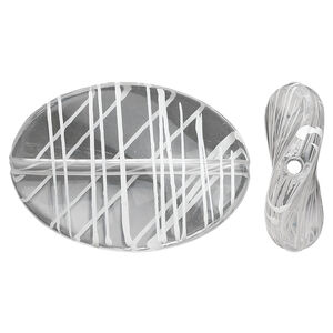 Bead, acrylic, semitransparent clear and white, 35x25mm twisted flat oval with painted line design. Sold per pkg of 28.