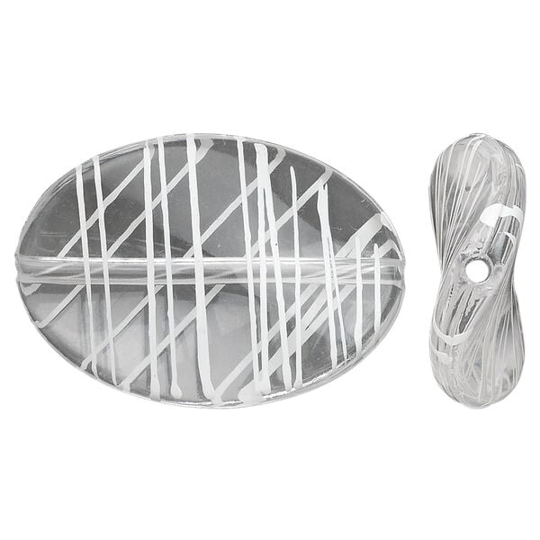 Bead, acrylic, semitransparent clear and white, 35x25mm twisted flat oval with painted line design. Sold per pkg of 28. image number 0