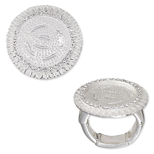 Ring, stretch, crystals and silver-plated "pewter" (zinc-based alloy), crystal clear, 27mm wide textured band with 18mm round setting, size 7-8. Sold individually. image number 0