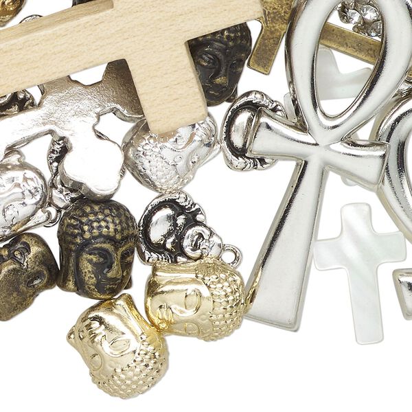 Drop mix, "pewter" (zinc-based alloy) and wood / bone / shell (natural/bleached), 8x7mm-67x57mm random mixed religious shapes. Sold per 4-ounce pkg, approximately 55 components. image number 0