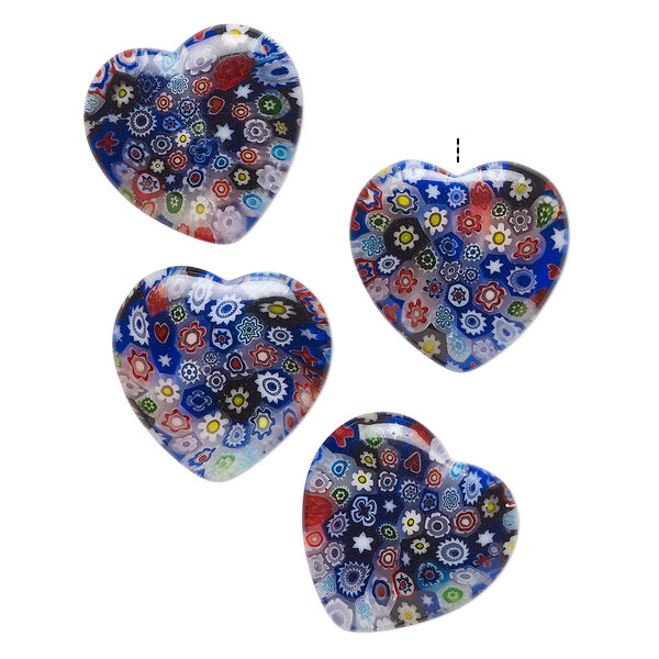 Bead, millefiori glass, translucent multicolored, 18-20mm half-drilled puffed heart with flower design. Sold per pkg of 4. image number 0