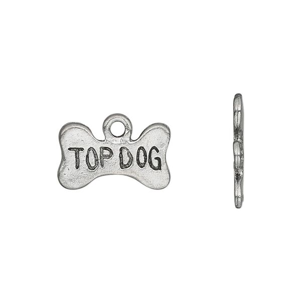 Charm, antiqued pewter (tin-based alloy), 16.5x10mm single-sided dog bone with "TOP DOG." Sold per pkg of 2. image number 0