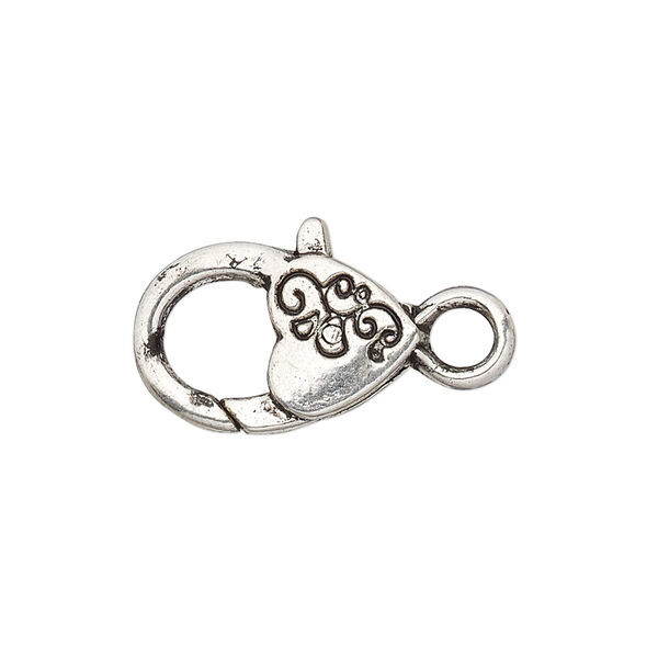 Clasp, lobster claw, antique silver-plated "pewter" (zinc-based alloy), 19.5x12.5mm with double-sided swirl heart design. Sold per pkg of 6. image number 0