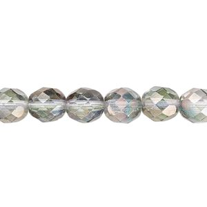 Bead, Czech fire-polished glass, green and grey luster, 8mm faceted round. Sold per 15-1/2" to 16" strand.