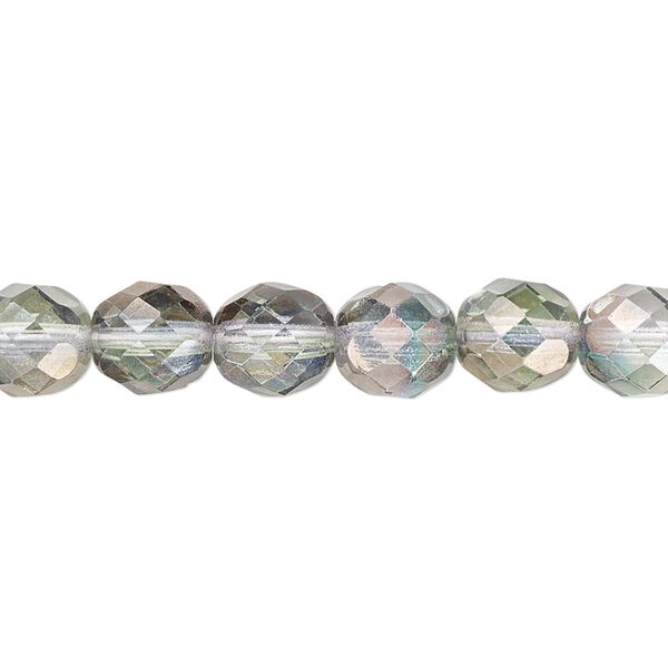 Bead, Czech fire-polished glass, green and grey luster, 8mm faceted round. Sold per 15-1/2" to 16" strand. image number 0
