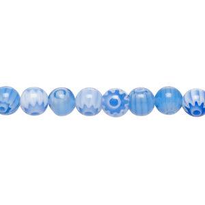 Bead, millefiori glass 1pkg1, translucent white and light blue, 6mm round, 15 inches.