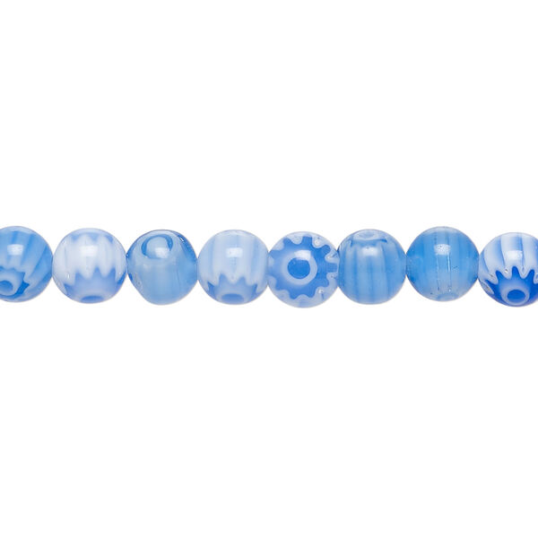 Bead, millefiori glass 1pkg1, translucent white and light blue, 6mm round, 15 inches. image number 0