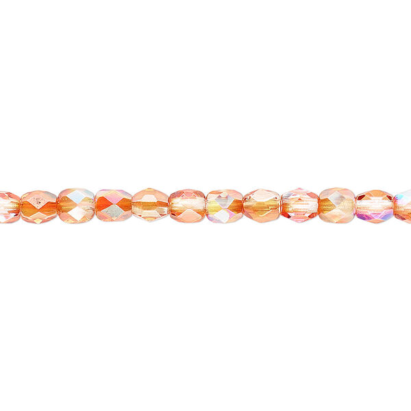 Bead, Czech fire-polished glass, two-tone clear AB and apricot medium, 4mm faceted round. Sold per 15-1/2" to 16" strand. image number 0