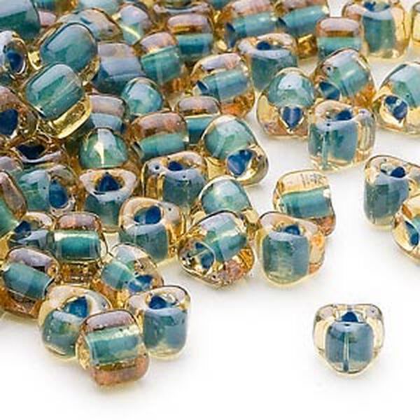 Seed bead, Miyuki, glass, transparent amber yellow color-lined teal, (TR1169), #5 triangle. Sold per 25-gram pkg. image number 0