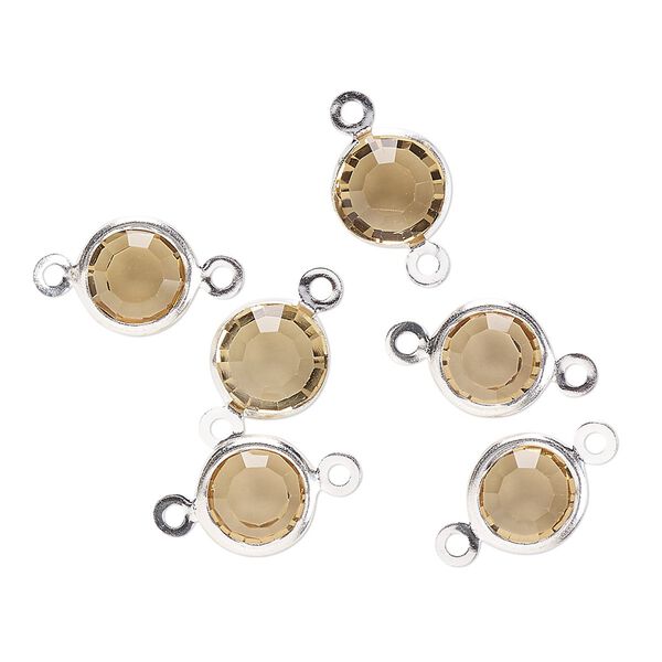 Link, glass rhinestone and silver-finished brass, topaz yellow, 8-9mm faceted round. Sold per pkg of 6. image number 0