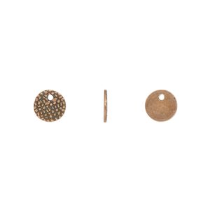 Drop, antique copper-plated brass, 7mm single-sided textured flat round. Sold per pkg of 100.