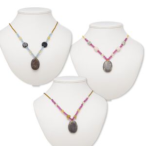 Multi-gemstone / acrylic / glass 1pkg3, oval pendant necklace mix continuous loop 20 inch 34x25mm-37x28mm