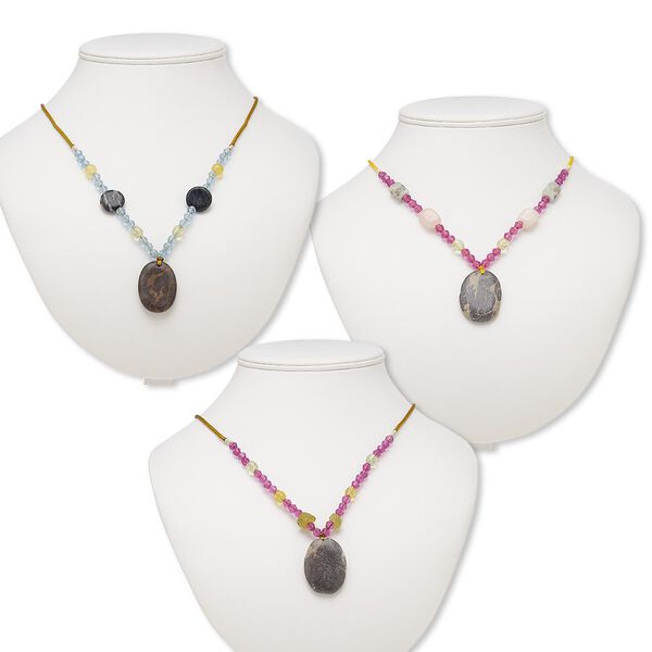 Multi-gemstone / acrylic / glass 1pkg3, oval pendant necklace mix continuous loop 20 inch 34x25mm-37x28mm image number 0