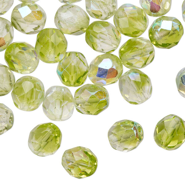 Bead, Czech fire-polished glass, two-tone, crystal/peridot green AB, 8mm faceted round. Sold per 15-1/2" to 16" strand. image number 0