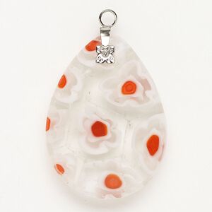 Focal 1pkg1 silver-finished steel and millefiori glass, translucent and transparent clear / white / red-orange, 35x25mm-36x28mm puffed teardrop.