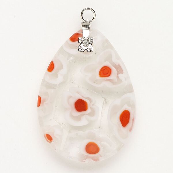 Focal 1pkg1 silver-finished steel and millefiori glass, translucent and transparent clear / white / red-orange, 35x25mm-36x28mm puffed teardrop. image number 0