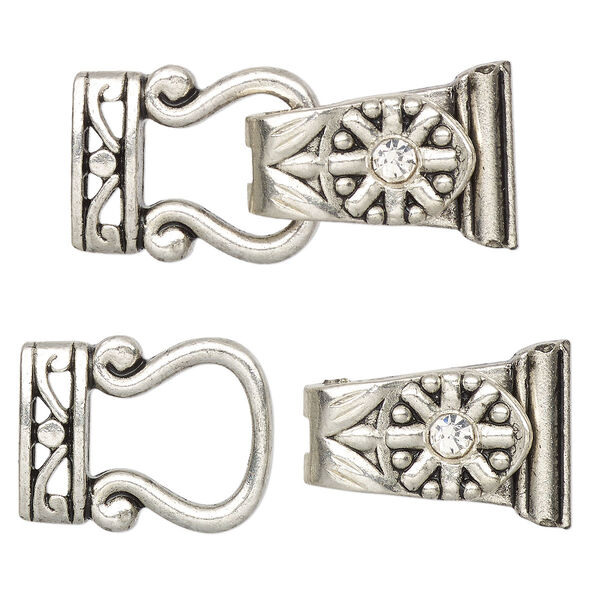 Clasp, magnetic, silver-finished "pewter" (zinc-based alloy) and glass, clear, 29x13mm 2-strand fold-over. Sold per pkg of 2. image number 0