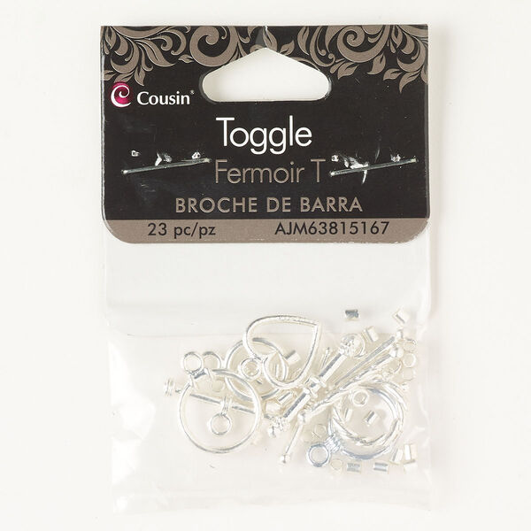 Clasp and crimp assortment, toggle, brass, pkg/23, silver finish, mixed sizes and shapes. image number 0