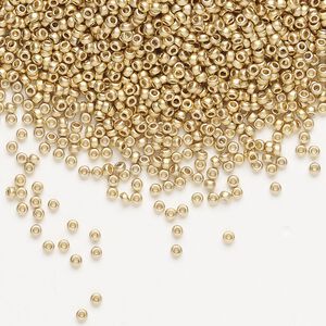 Seed bead, Miyuki, glass, pkg/250g, #15 rocaille, opaque 24Kt gold-plated matte light (RR-193F).