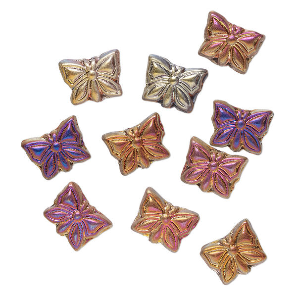 Bead, Preciosa Czech pressed glass, opaque purple luster, purple metallic iris, 15x12mm butterfly. Sold per pkg of 10. image number 0
