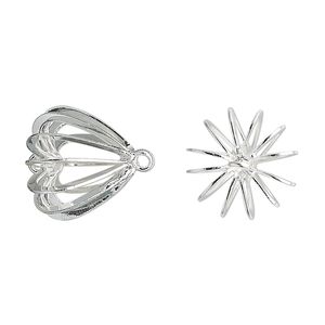 Link, silver-plated brass, 14mm heart bead cage. Sold per pkg of 4.