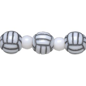 Bead, acrylic, black and white, 7x5.5mm crow and 11mm volleyball. Sold per 8-inch strand.
