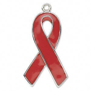 Focal, enamel and silver-plated "pewter" (zinc-based alloy), red, 37x21mm single-sided awareness ribbon. Sold individually.