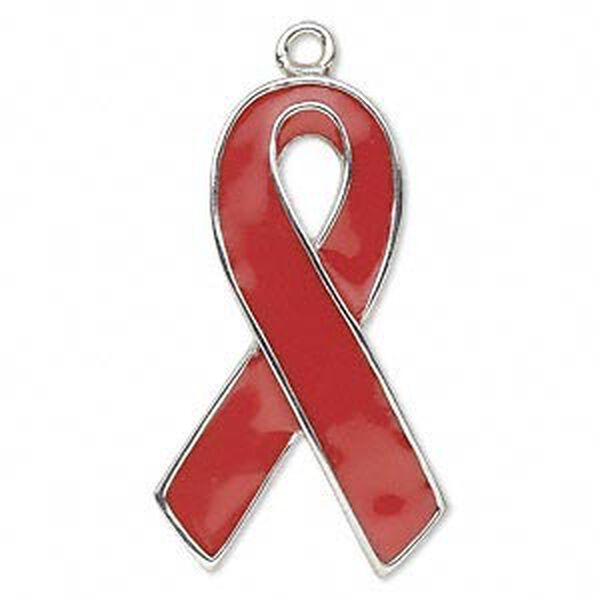Focal, enamel and silver-plated "pewter" (zinc-based alloy), red, 37x21mm single-sided awareness ribbon. Sold individually. image number 0