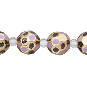Bead, glass 1pkg4, purple / black / gold, 12mm hand-painted faceted round.