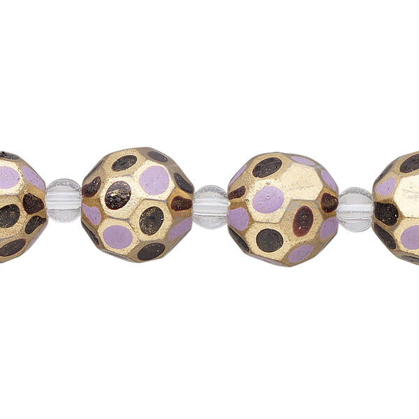 Bead, glass 1pkg4, purple / black / gold, 12mm hand-painted faceted round. image number 0