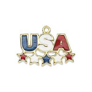 Charm, gold-finished "pewter" (zinc-based alloy) and enamel, red / white / blue, 28x16mm "USA" with stars. Sold individually.