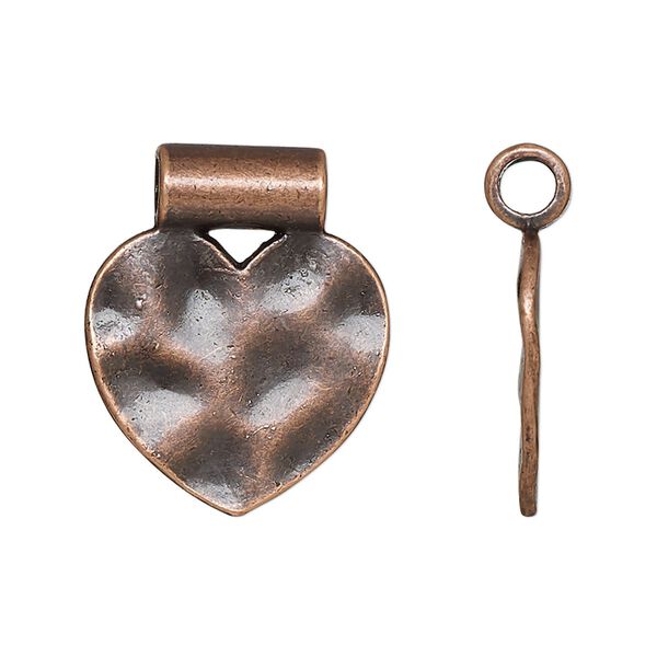 Pendant, slide, antique copper-finished "pewter" (zinc-based alloy), 25x21mm double-sided hammered flat heart with 3.5mm inside diameter. Sold per pkg of 10. image number 0