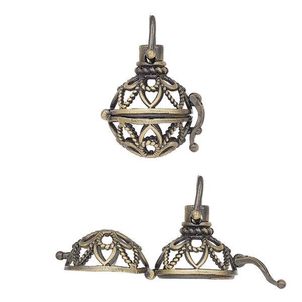 Drop, antique brass-finished brass, 24x18.5mm round bead cage with fancy cutout design and safety latch, fits 14mm round bead. Sold individually. image number 0