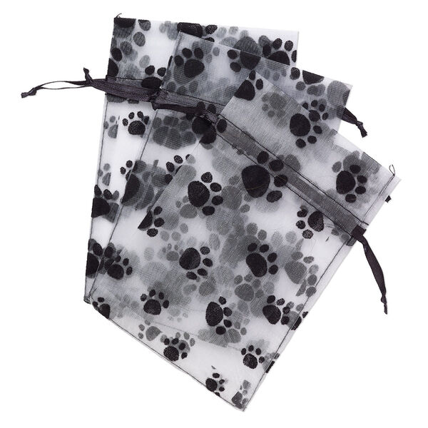 Pouch, satin and flocked organza, grey and black, 6x4-inch rectangle with paw prints design and drawstring. Sold per pkg of 12. image number 0