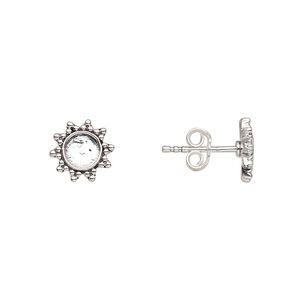 Earstud 1pkg2 sterling silver, 9mm flower / 5mm round bezel cab setting / earnut, antiqued 1 pair