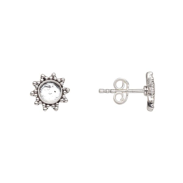 Earstud 1pkg2 sterling silver, 9mm flower / 5mm round bezel cab setting / earnut, antiqued 1 pair image number 0