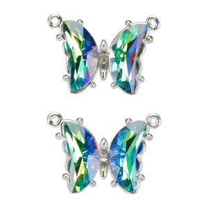 Connector, silver-finished brass, clear green shimmer, 19x15mm butterfly with closed loop. Sold per pkg of 2.
