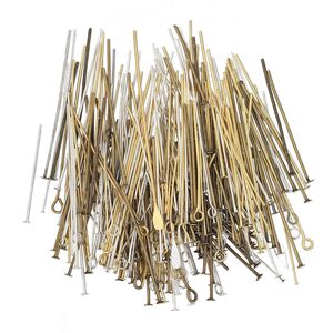 Head pin and eye pin mix, pewter (tin-based alloy) / brass / "pewter" (zinc-based alloy), multi-finished, 1/2 to 4 inches, 21-28 gauge. Sold per 25-gram pkg, approximately 50-150 pins.